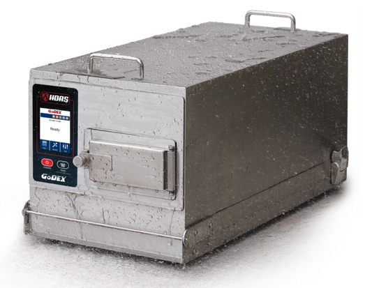Godex HDAS2RH stainless steel IP69K enclosure barcode printer with dispenser and heater - GoZob.com